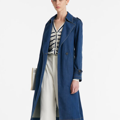 Denim Lapel Women Trench Coat With Belt