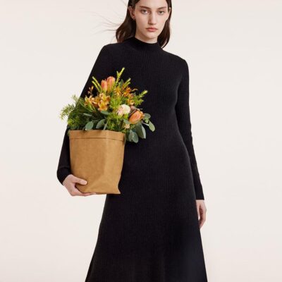 Black Pure Cashmere Mock Neck Knit Dress