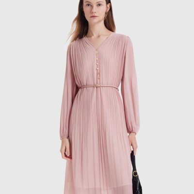 Pink Ruched Midi Dress With Belt