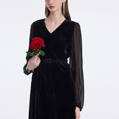 Silk Blend Patchwork V-Neck Women Midi Velvet Dress With Belt