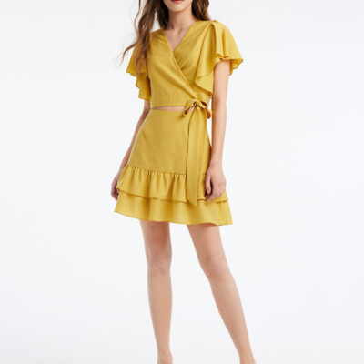 Acetate Ruffle Sleeve Women Blouse And Skirt Two-Piece Set