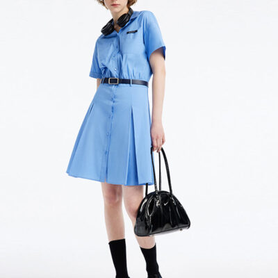 Blue Waist-skimming Cotton Mini Dress