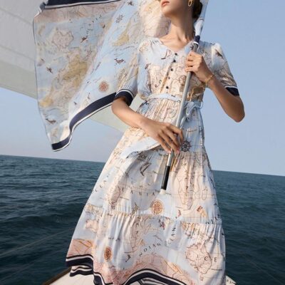 19 Momme Silk Map Printed Midi Dress