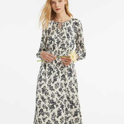 Camellia Printed Gathered Waist Women Midi Dress