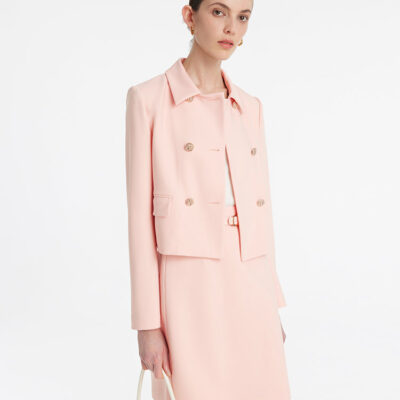 Worsted Wool Double-Breasted Crop Jacket And Skirt Two-Piece Suit