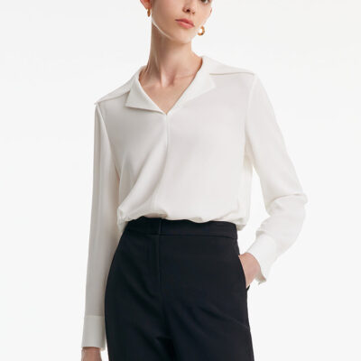 Acetate Lapel Collar V-Neck Woven Women Shirt