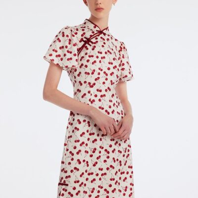 Mandarin Collar Cherry Print Cheongsam Qipao Midi Dress