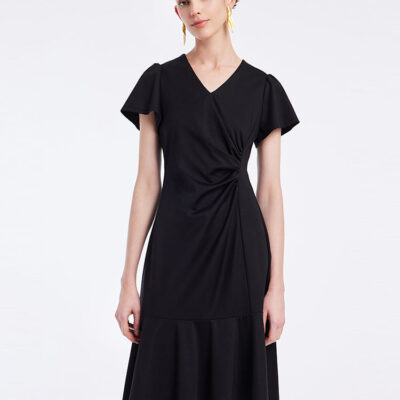 Black Knitted Pleated Midi Dress