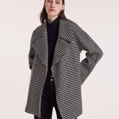 Washable Wool Houndstooth Coat With Belt