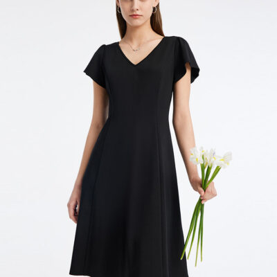 Black V-neck Gathered Waist Mini Dress