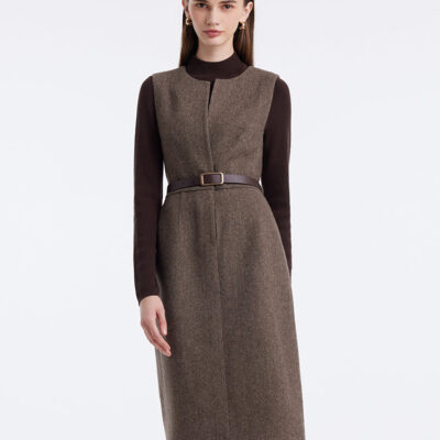 Washable Wool Vest Dress And Knitted Sweater Two-Piece Set With Belt