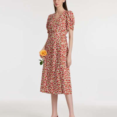 Rose Printed V-Neck Tied Women Midi Dress