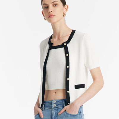 Contrast Trim Knitted Cardigan And Camisole Two-Piece Set