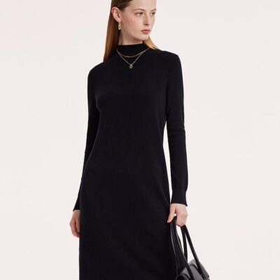 Black Pure Wool Mock Neck Knit Midi Work Dress