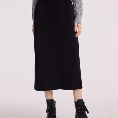 Black Straight Knitted Slit Women Skirt