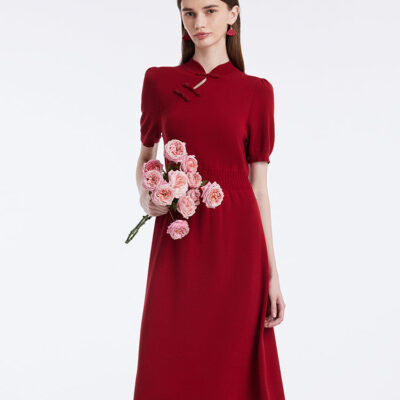 New Chinese-Style Mandarin Collar Knitted Women Midi Qipao Dress