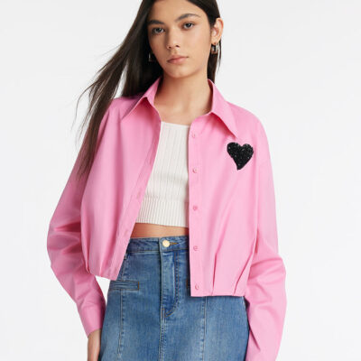 Heart-Shaped Sequins Women Crop Shirt With Pleated Hem