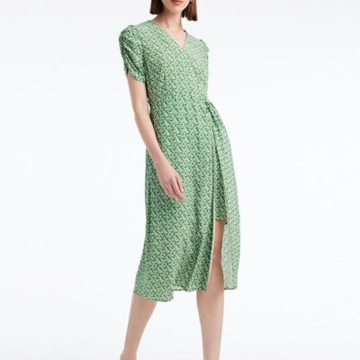 Green Printed V-Neck Midi Dress