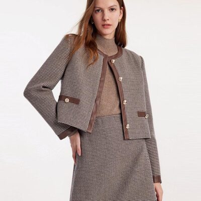 Washable Wool Patchwork Women Jacket And Skirt Two-Piece Suit