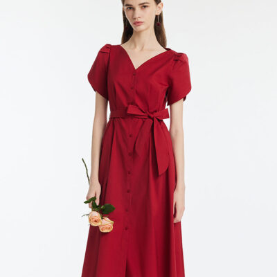 Petal Sleeves Gathered Waist V-Neck Women Midi Dress With Belt