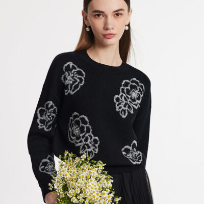 Floral Jacquard Round Neck Women Sweater