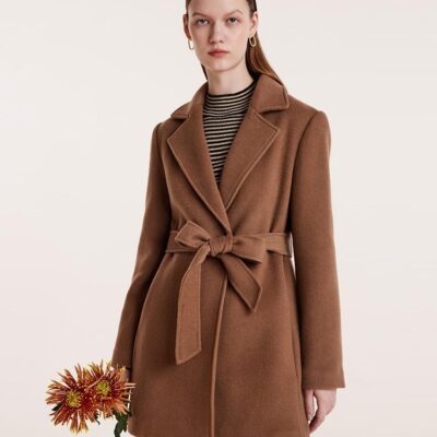 Brown Tencel Wool Notched Lapel Coat With Belt