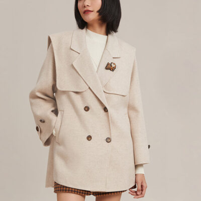 Woolen Double-Faced Lapel Coat With Detachable Shawl And Brooch