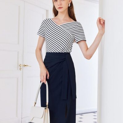 Blue And White Stripe T-shirt And Skirt Two-Piece Set