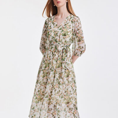 19 Momme Silk V-Neck Floral Midi Dress