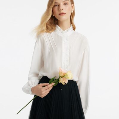 Diacetate Ruffle Collar Women Shirt