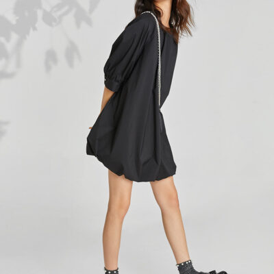 Oversized Round Neck Three Quarter Sleeve Mini Dress With Bag