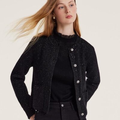 Black Sequins Wool Women Cardigan