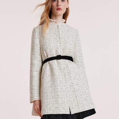 Mid-Length Tweed Coat With Bowknot And Belt