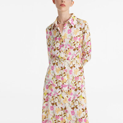 19 Momme Mulberry Silk Floral Printed Women Midi Dress With Belt