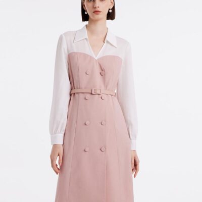 Pink Mesh Sleeve Patchwork Midi Dress