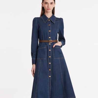 Single-Breasted Lapel Women Midi Denim Dress With Belt