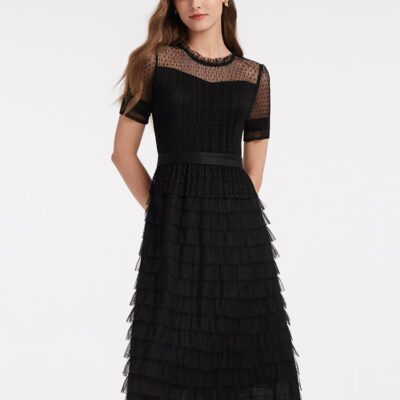 Short Sleeve Tulle Tiered Maxi Dress