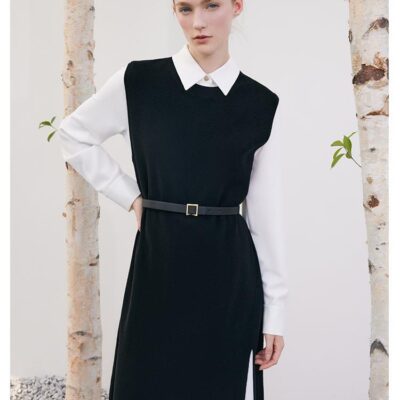 Black Vest Dress And White Women Shirt Dress Two-Piece Set