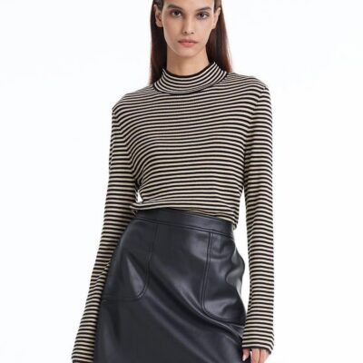 Woolen Stripe Mock Neck Women Sweater