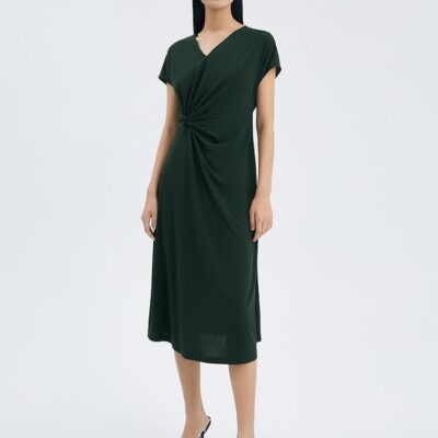 Triacetate Asymmetrical Pleated Gathered Waist Midi Dress