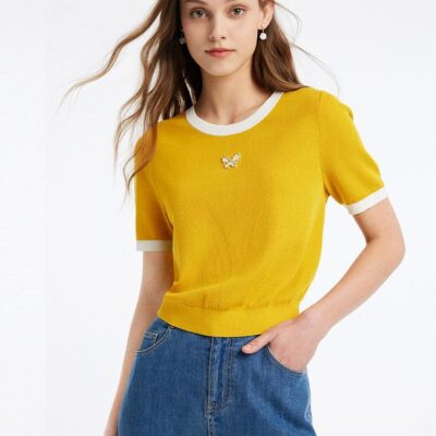 Yellow Round Neck Mulberry Silk Women Knit Top