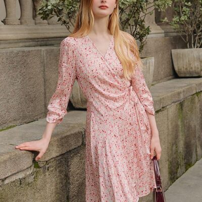 Pink Floral Hidden Button Wrap Mini Dress