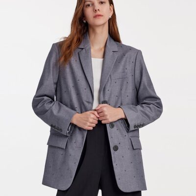 Grey Beaded Oversized Women Blazer