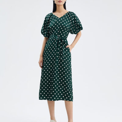 19 Momme Silk Polka Dots Mid-Calf Women Maxi Dress