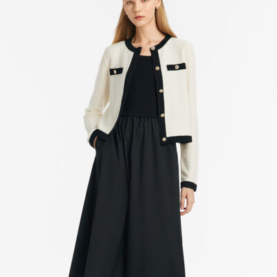 Contrast Trim Cardigan And Vest Dress Two-Piece Set