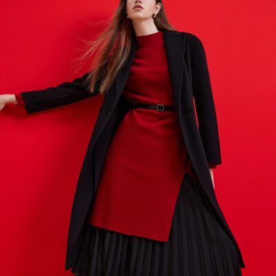 Black Wool And Cashmere Notched Lapel Women Coat