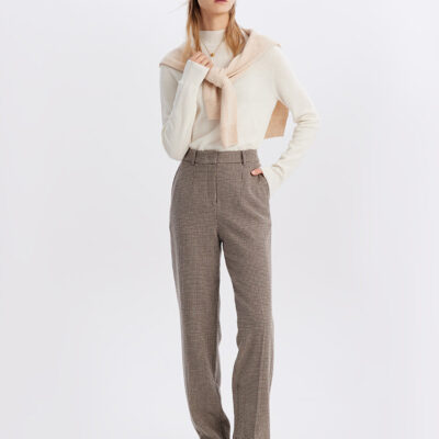 Beige Houndstooth Washable Woolen Pants