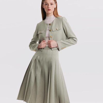 College Style Short Jacket And Pleated Long Skirt Two-Piece Set