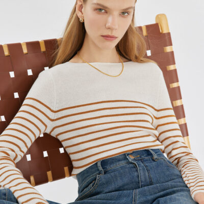 Wool Striped Boatneck Slim Women Sweater