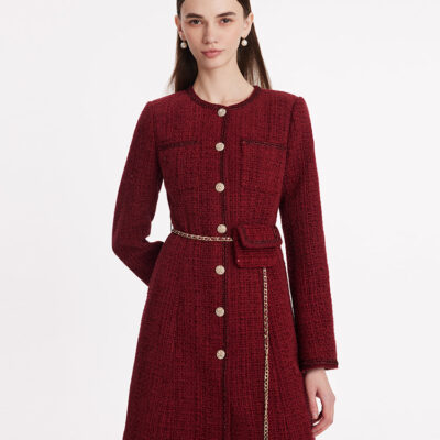 Single-Breasted Tweed Women Coat With Waist Pack